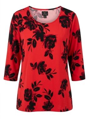 Windsor Red Floral Scoop Neck 3/4 Sleeve Blouse